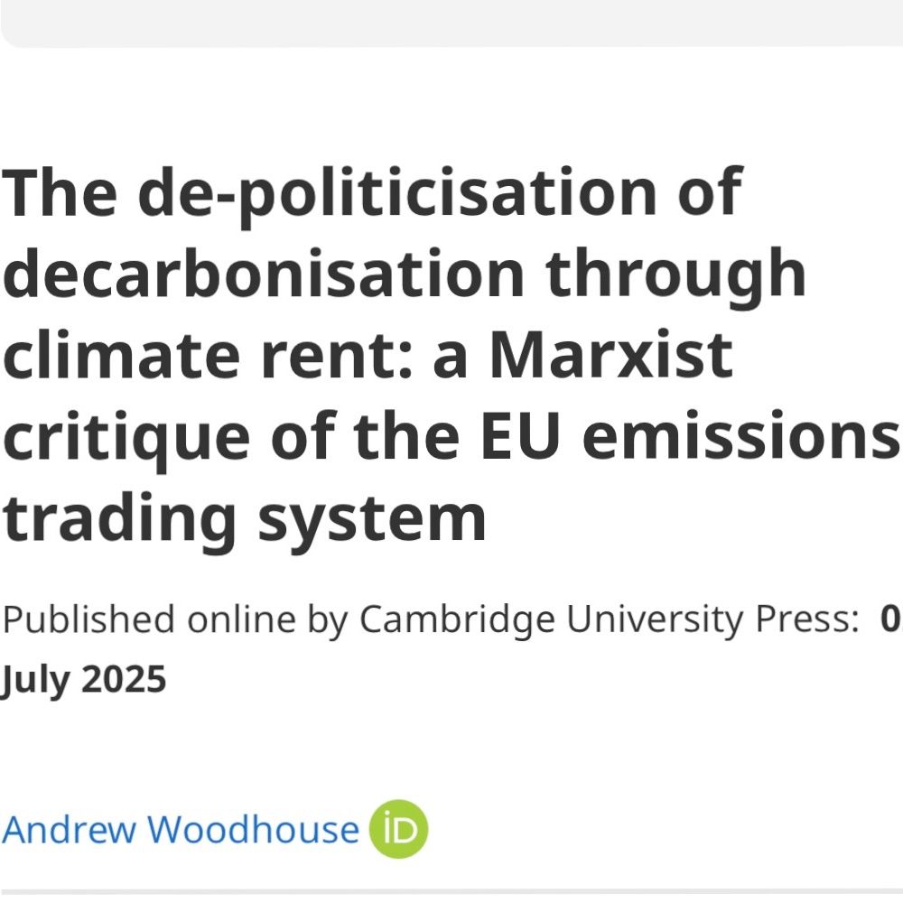 The picture is a screenshot of the title of the paper (The de-politicisation of decarbonisation through climate rent: a Marxist critique of the EU emissions trading system) on the online website of the European Law Open journal