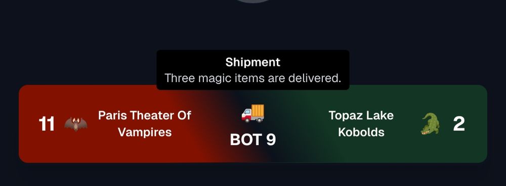 a screenshot of an active MMOLB game. my team, the Topaz Lake Kobolds, trail by nine runs at the bottom of the 9th inning. 