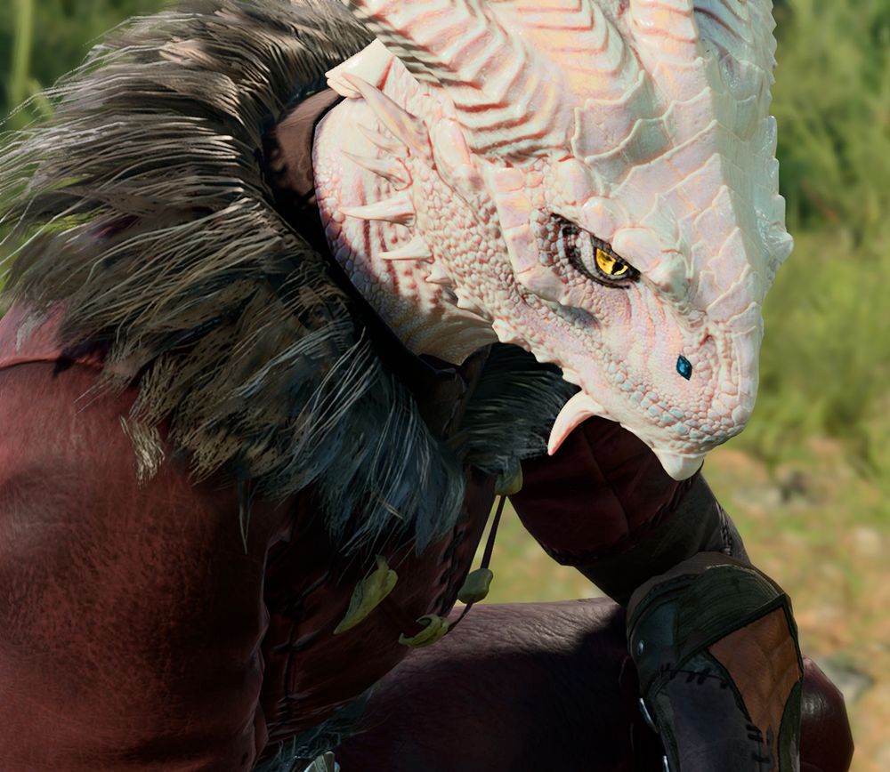 a white dragonborn druid from Baldur's Gate 3 