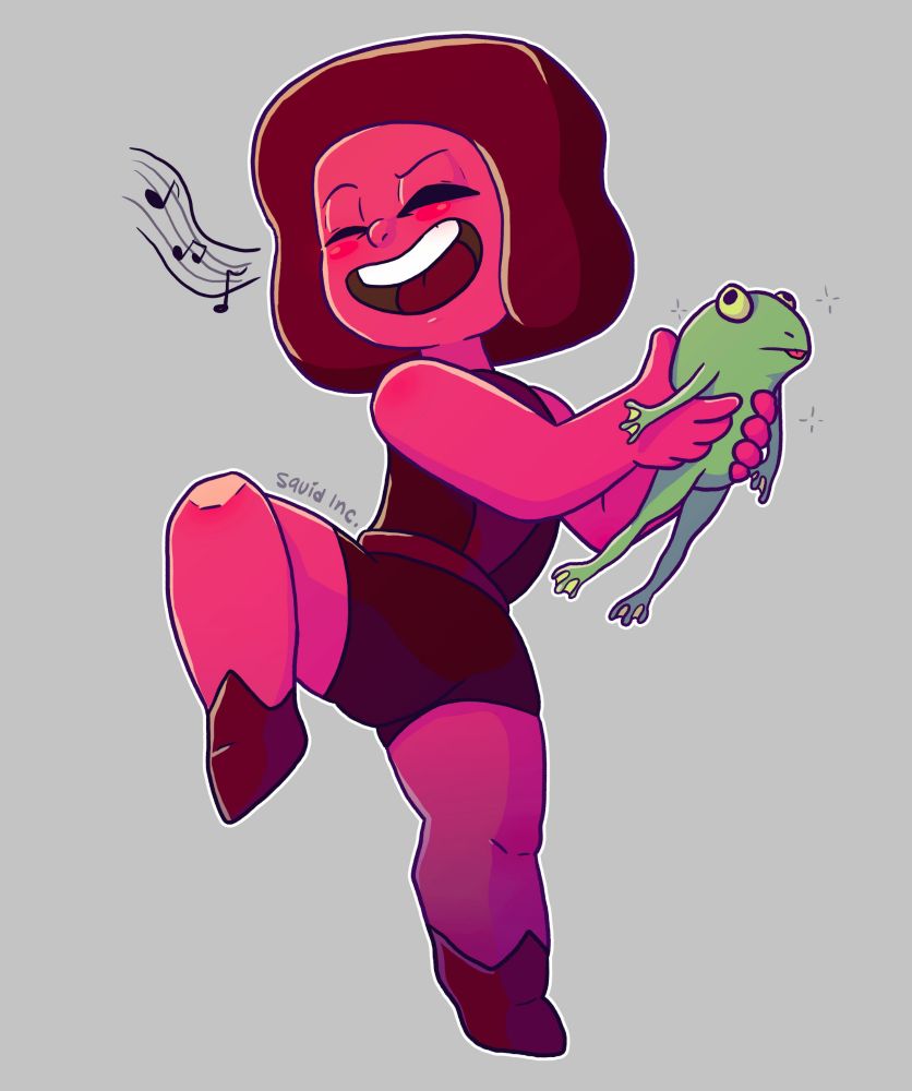 Ruby, from Steven Universe. She's holding a frog, dancing and singing. 