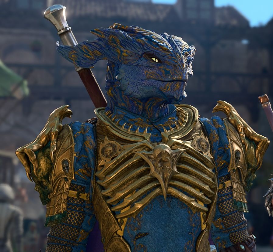 a screenshot of a Baldur's Gate 3 character. he is a blue dragonborn with golden highlight coloration, wearing Ketheric Thorm's plate mail armor. the armor has been dyed blue and gold, in a way that matches his scales beautifully. 