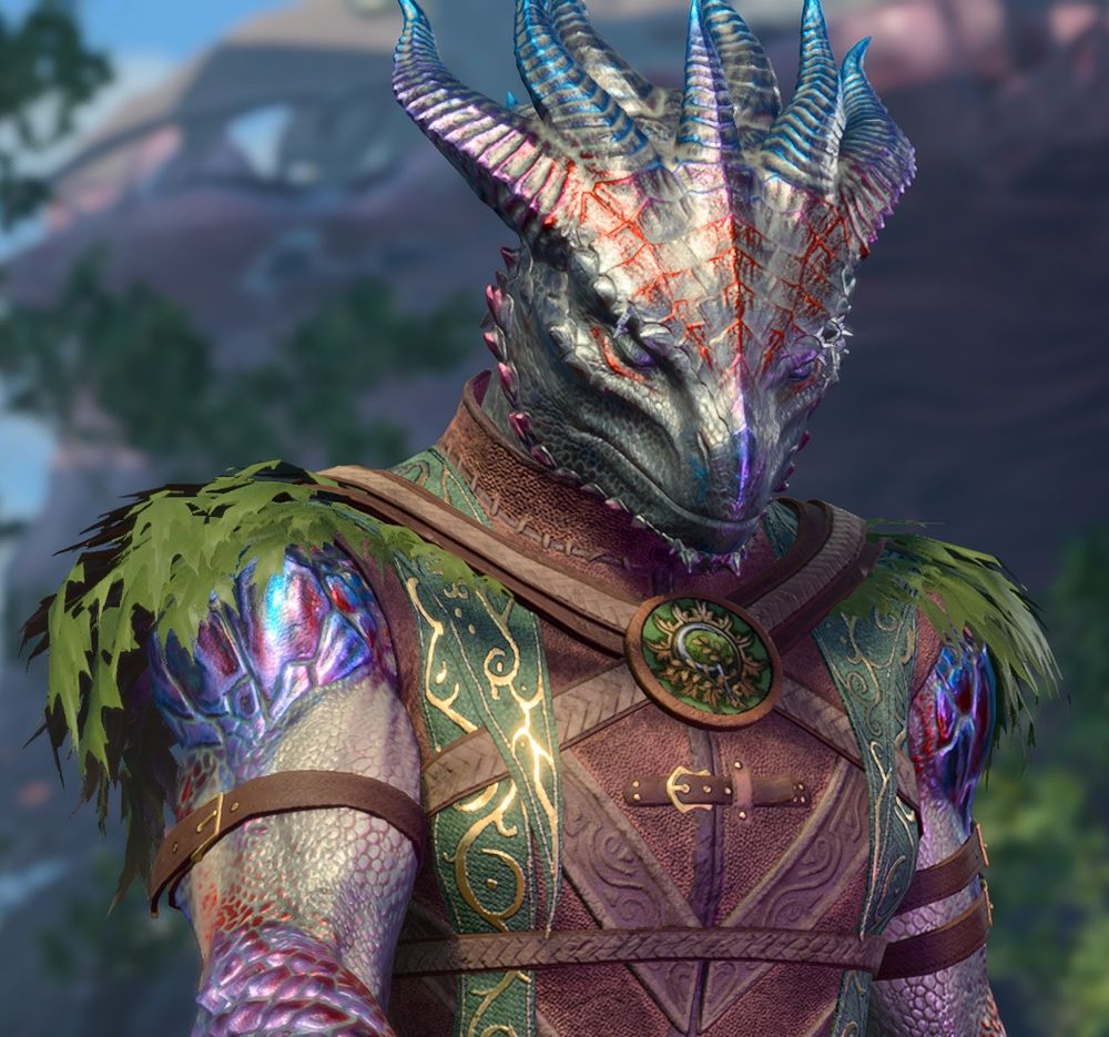 a screenshot of my fiance's Baldur's Gate 3 character. they're a silver scaled dragonborn druid, with scale highlights ranging from red to purple to blue. 