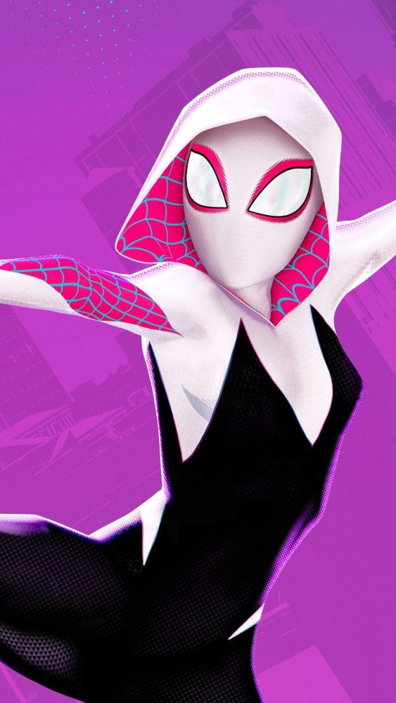 Spider-Gwen depicted against a light purple background.