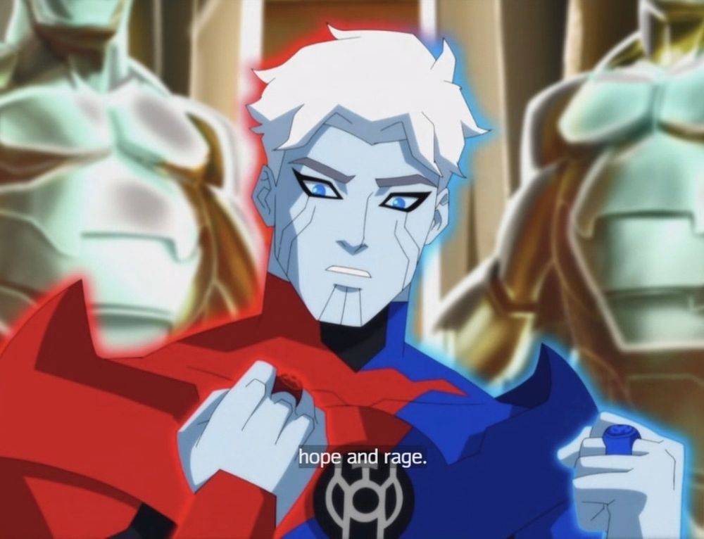 Razer, from Young Justice. He has both a red and blue lantern ring that he looks at in amazement. Subtitles show him saying "hope and rage."