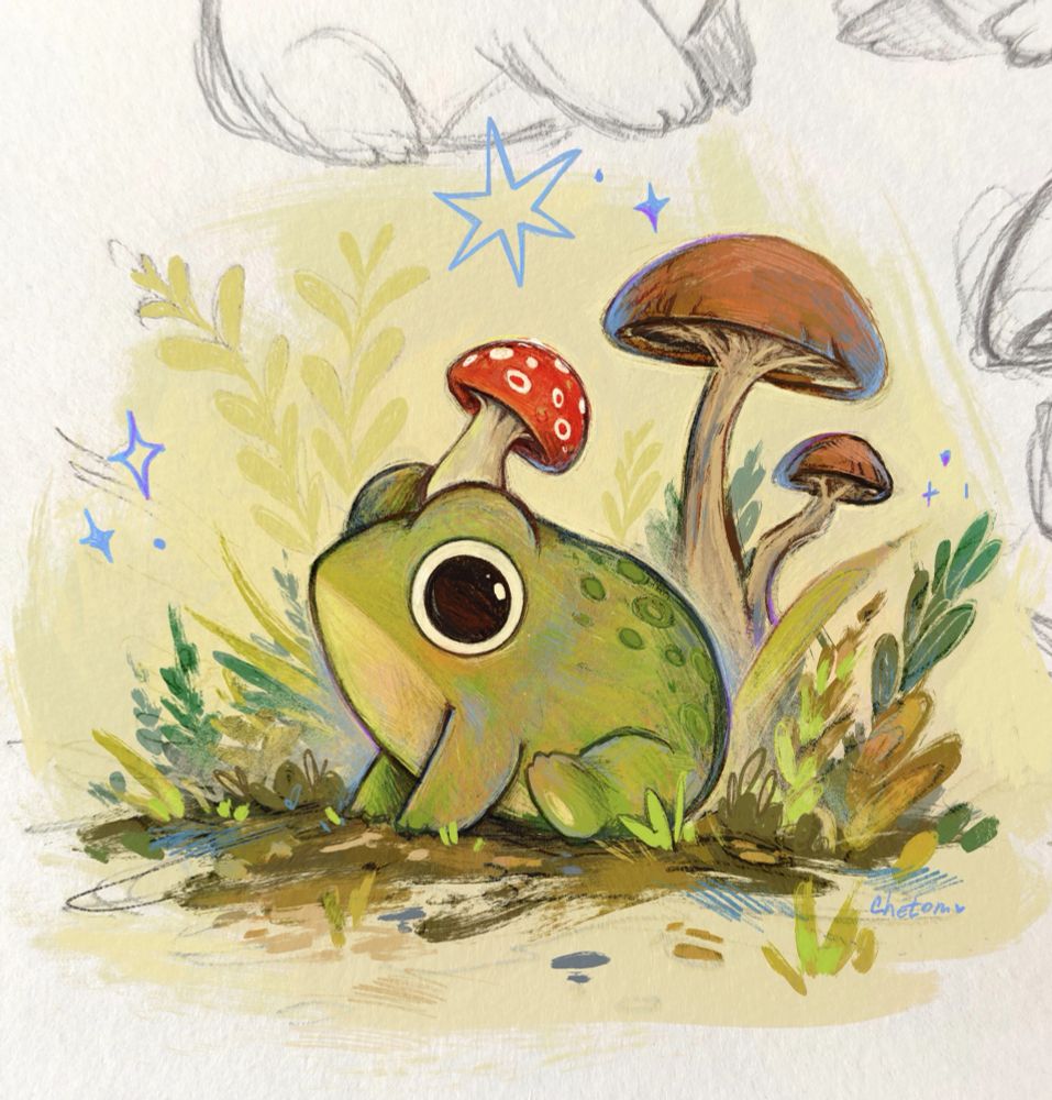 cute frog illustration by chetom of a frog with a red mushroom hat 