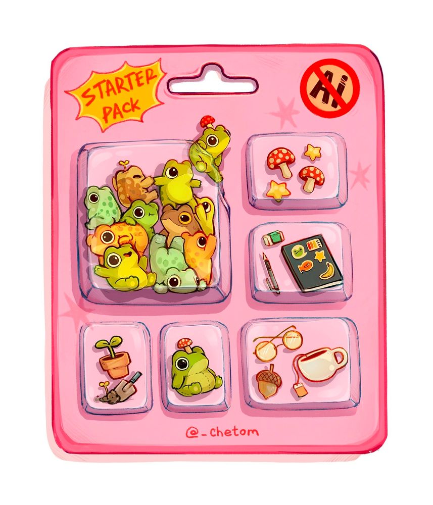 starter pack no a i illustration of a pink package with frogs and other items artwork by chetom