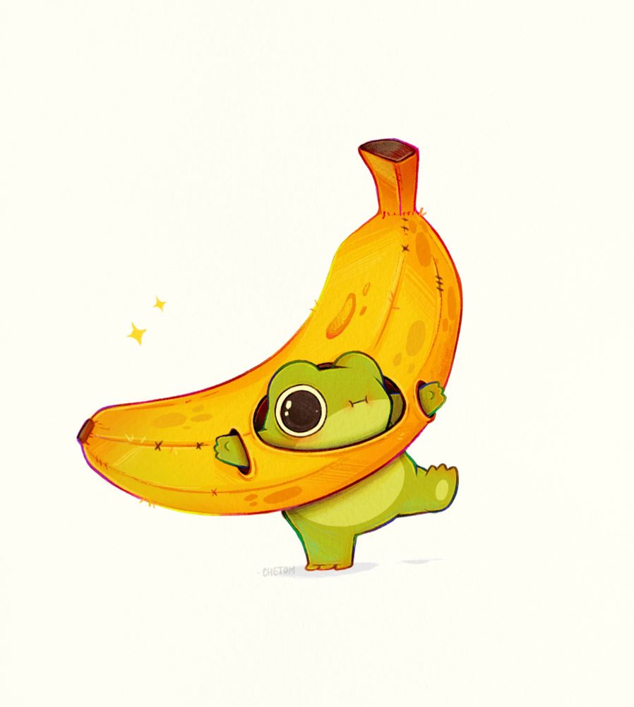 tiny little cute frog wearing a banana suit whimsical funny frog art by chetom