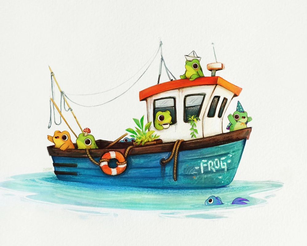 boat with tiny frogs illustration 