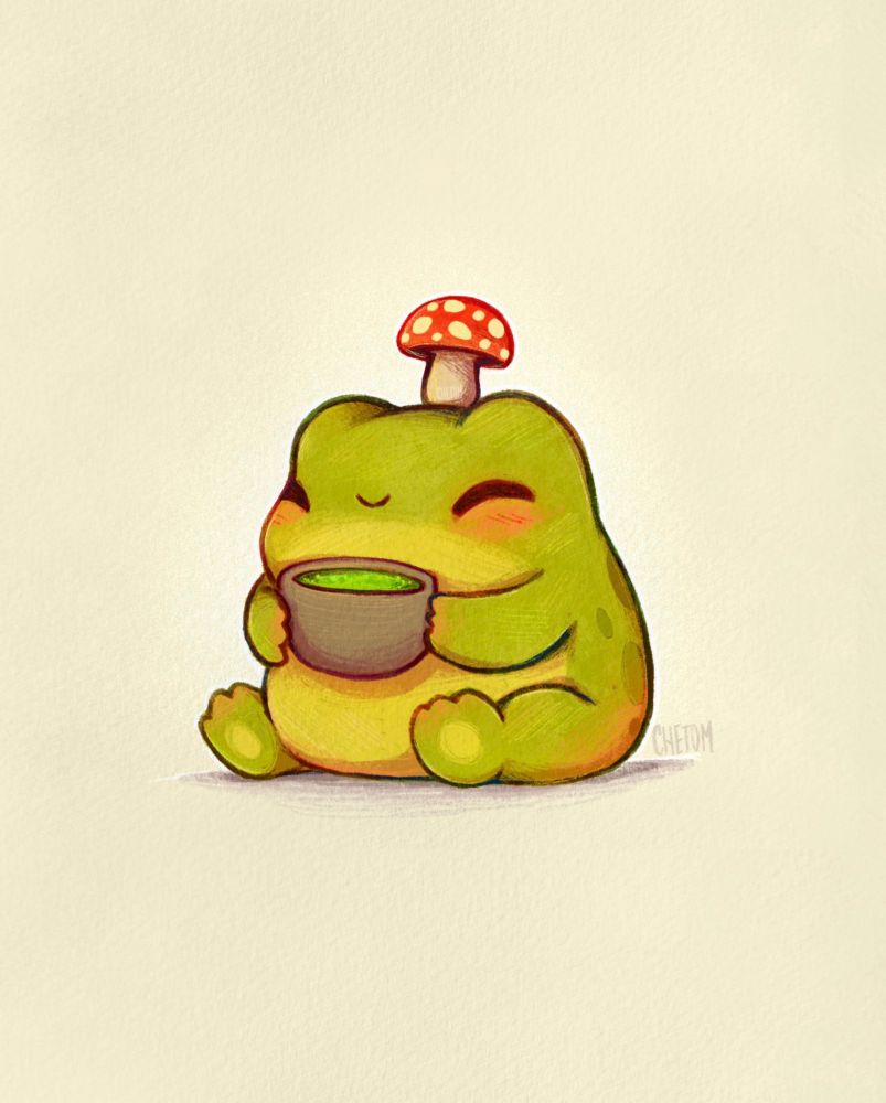cute tiny illustration of a frog holding matcha and wearing a tiny red mushroom hat by chetom