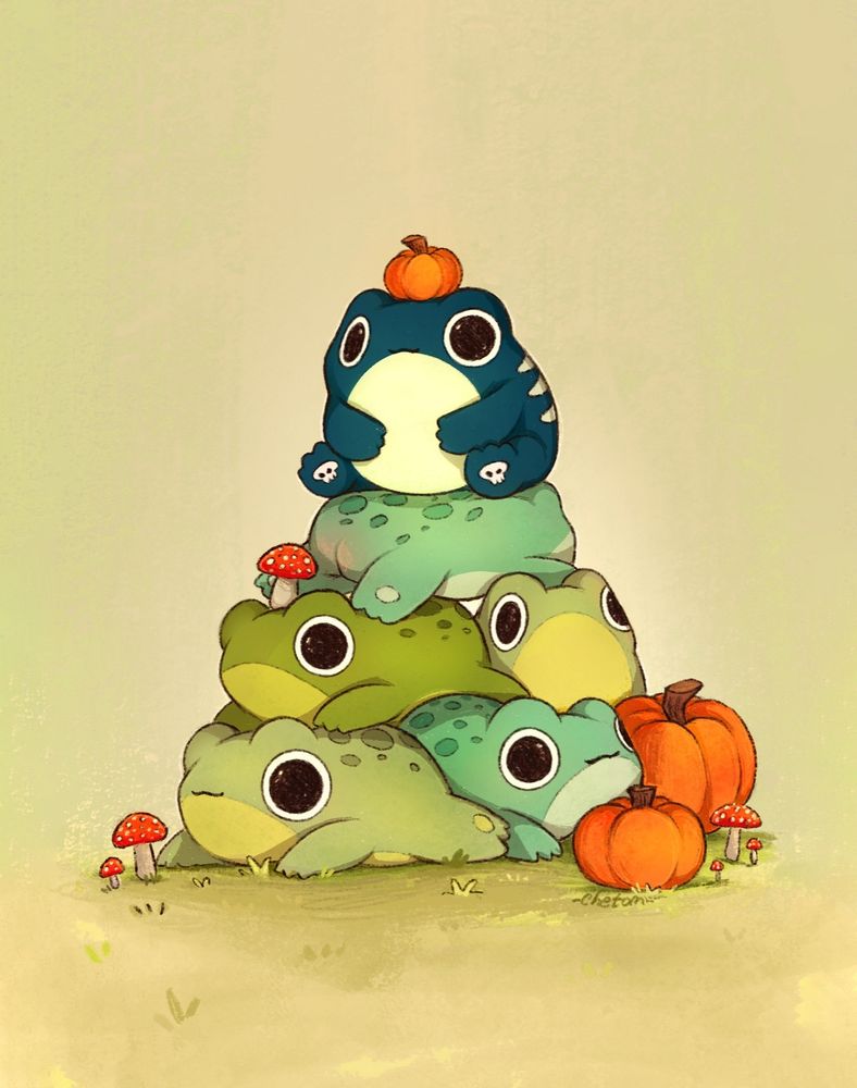cute pile of frogs featuring skellytoad and Ferdinand frog illustrated by chetom