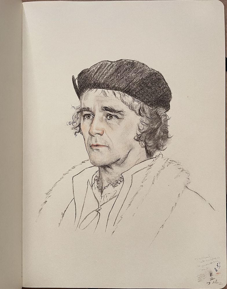 An ink, charcoal and sanguine portrait of Mark Rylance as Thomas Cromwell in Wolf Hall. The clothing is very sparse, his nose slightly red. There are a couple of pen trials and notes in the corner of the page.