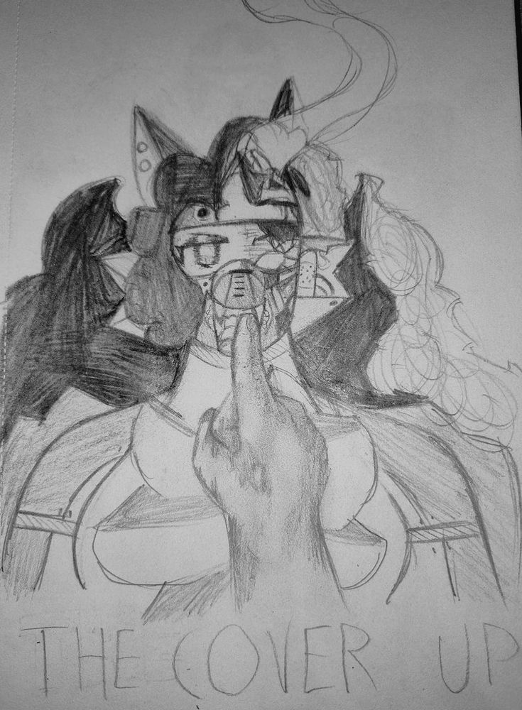 A pencil sketch of Beabot Delta, a wide and very damaged robot catgirl with fluffy hair. Much of her hair has been burned away, and most of the plating on her face is missing, revealing inner robotics. Her facescreen is cracked and glitching on one side. A gloved hand is raised to her maw as if shushing her. The sketch is a redraw of the album The Cover Up by The Protomen.