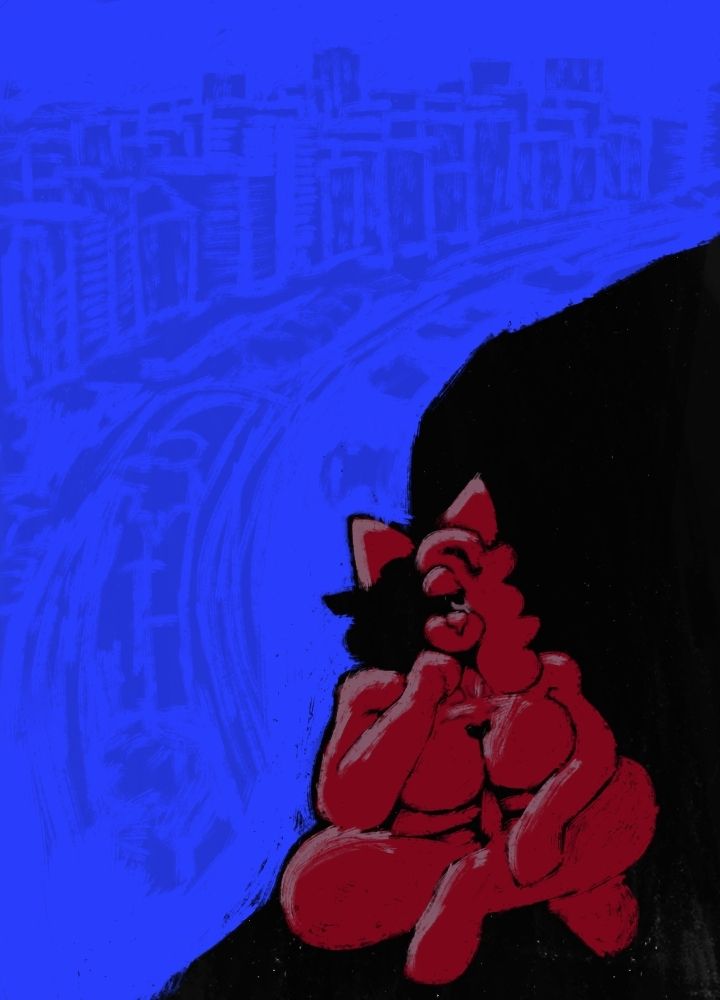 Firewalker With Me sitting in a contemplative pose. Behind her, the blue part of her portrait extends infinitely to show Kayava.