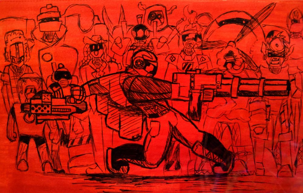 Alcohol marker and gel pen piece of Protoman swinging his guns at the first 14 Robot Masters while striking a pose. The only colour in the piece is a bright, searing red.