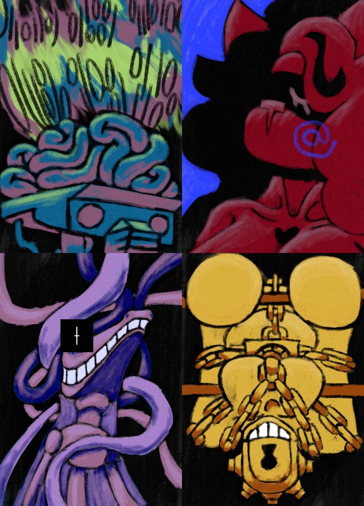 The final portraits of the four Operators:
Matrix, the Intellect Operator. A robotic figure with an exposed brain receiving information from the aurora-like airwaves. Its portrait is a brilliant teal with neon green highlights and ruddy purple shadow tones.
Firewalker With Me, the Physique Operator. An abstract depiction of Caroline, her host, at the time of the split, her blushing face cleaved in twain and her eye closed peacefully. Her portrait is a deep red with faint purple highlights, a black river running between her and the clashing blue background of her portrait.
String Theory, the Psyche Operator. A purple, crocodilian creature showing off its robotic endoskeleton as the very strings of the universe itself emanate from its hollow, shining eyesocket.
Kinematics, the Motorics Operator. An unpside-down, bound woman tied around two poles with a series of chains and locks. She wears a keyholed helmet matching her yellow skin that partially obscures her masochistic grimace.