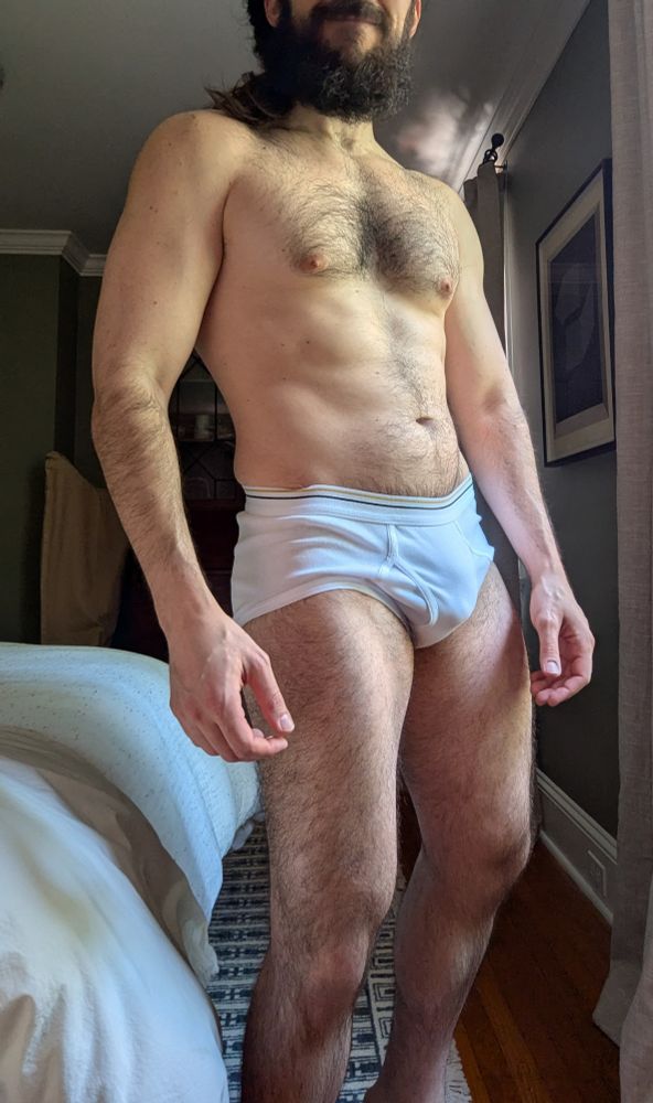 Me wearing white briefs, in a 3/4 view. 