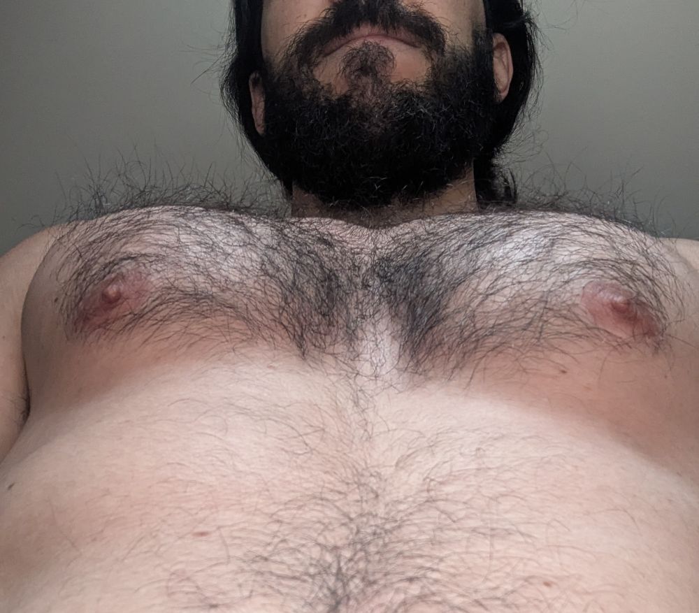 A low angle picture taken from about my navel, pointed upward. You can see my furry pecs and my beard. 