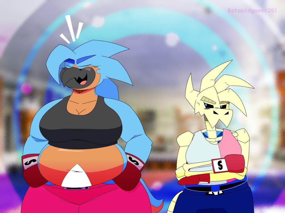 Sarah & Sal standing in a blurry gym, both of them in boxing shorts & gloves. Sarah has her eyes closed in a confident expression, while Sal looks annoyed & questioning whatever the bluebird is saying.