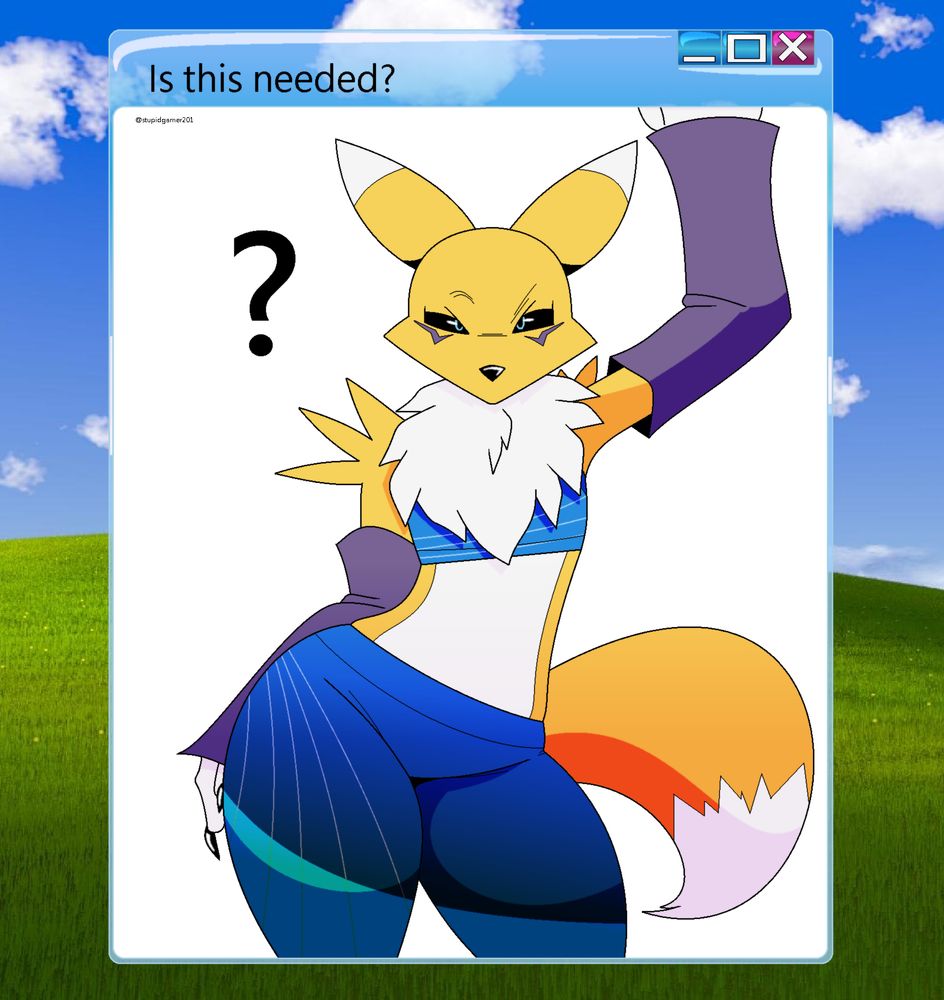 A Renamon holding itself up in a window in a non-descript Windows version, one vaguely based on Windows Vista. Its outfit is similarly themed.