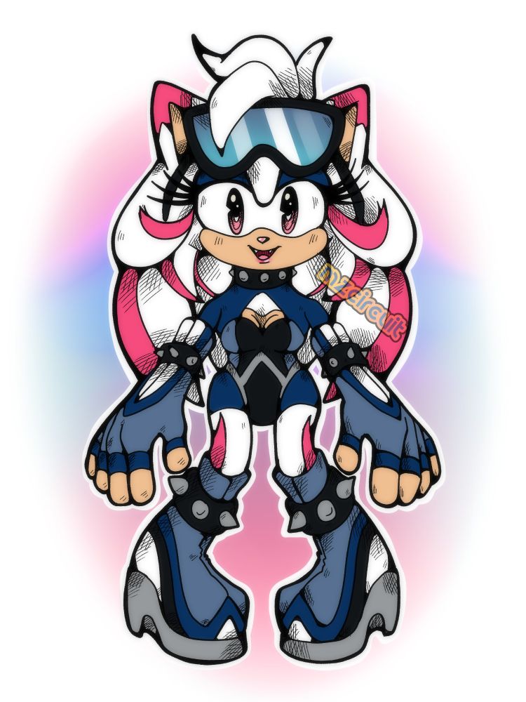 White hedgehog with pink accents, wears a black and blue sporty attire