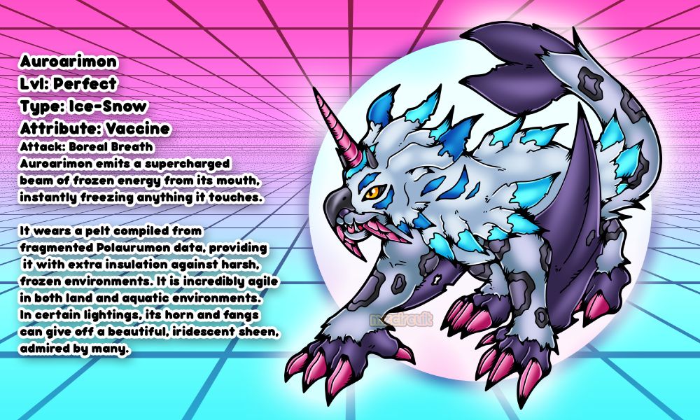 AuroarimonLvl: PerfectType: Ice-SnowAttribute: VaccineAttack: Boreal BreathAuroarimon emits a supercharged 
beam of frozen energy from its mouth,
instantly freezing anything it touches.It wears a pelt compiled from fragmented Polaurumon data, providing it with extra insulation against harsh, frozen environments. It is incredibly agile in both land and aquatic environments.In certain lightings, its horn and fangs can give off a beautiful, iridescent sheen,admired by many.