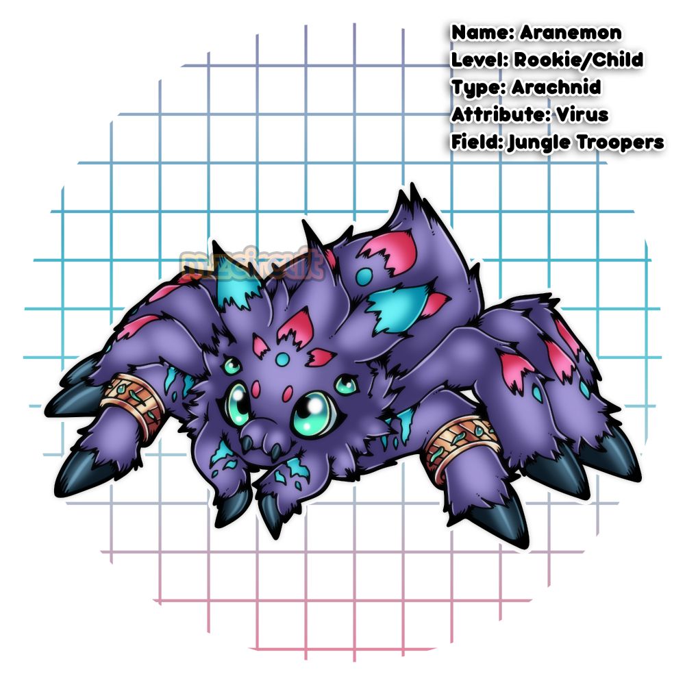 Name: Aranemon
Lvl: Rookie/Child
Type: Arachnid
Attribute: Virus
Field: Jungle Troopers