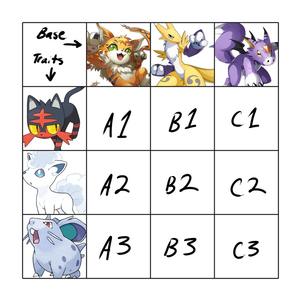 Grid fusion featuring 

Horizontal:
Meicoomon, Renamon, Dorumon

Vertical:
Litten, Vulpix (Alolan), Nidoran F