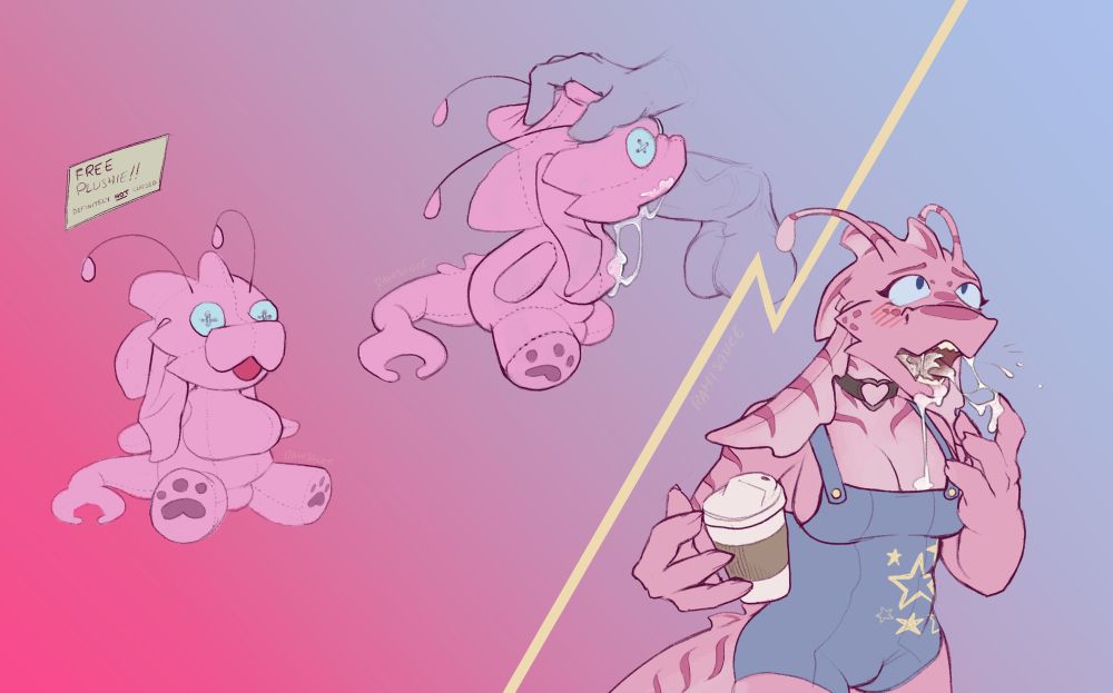 a group of 3 images. The first is a plushie designed to look like Edie, with an open mouth, cute nubby limbs and button eyes. The second image shows an unseen individual using the plushie's mouth to jack off, with cum dripping out of the mouth. In the third image, at the same time, Edie herself is surprised by the sudden appearance of cum in her mouth.