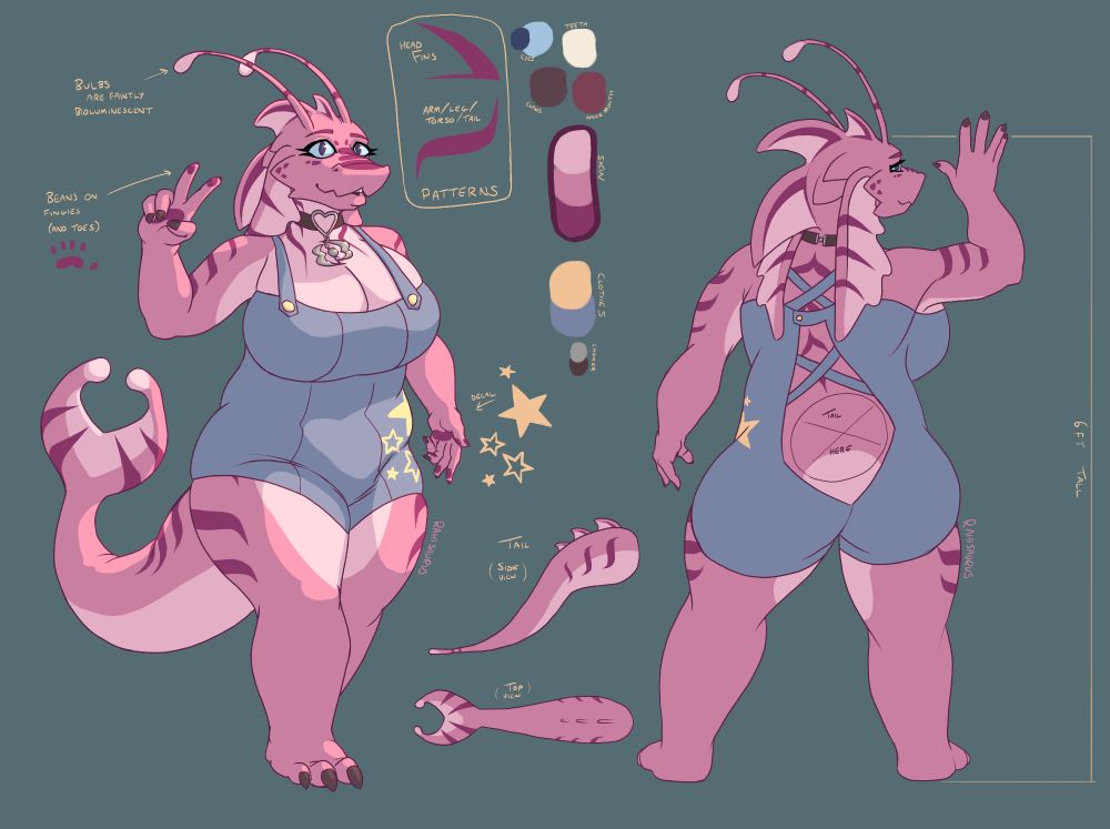 A reference picture of Edie, a pink aquatic dragon, viewed from front and back, with details separated out and explained