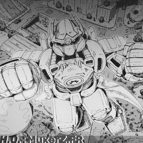 Mecha faisant un grand saut au dessus de la ville (dessin à l'encre).