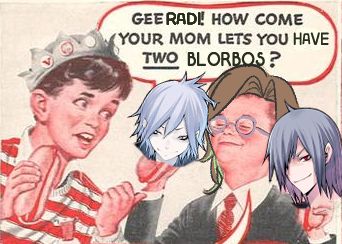 the two weiners meme photoshopped with Yamato Hotsuin (Devil Survivor 2) and Naoya Minegishi (Devil Survivor) over the weiners that says 'Gee Radi! How come your mom lets you have TWO blorbos?'