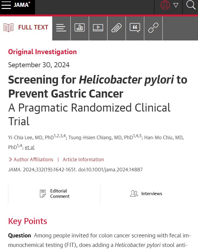Web preview of JAMA Original Investigation "Screening for Helicobacter pylori to Prevent Gastric Cancer."