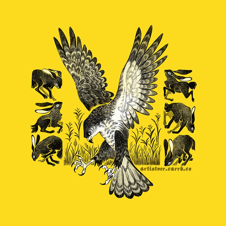 An etched black and white picture against a stark yellow background. The picture depicts a hawk surrounded by six stylized hares.