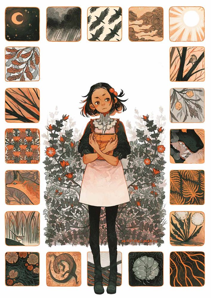 A girl stands in the middle of the image, clutching a clay pot with feeble, dry stems sticking out of it. Behind her sprawls a wild dog rose. Surrounding the girl are several squares with snapshots of wildlife and wilderness.