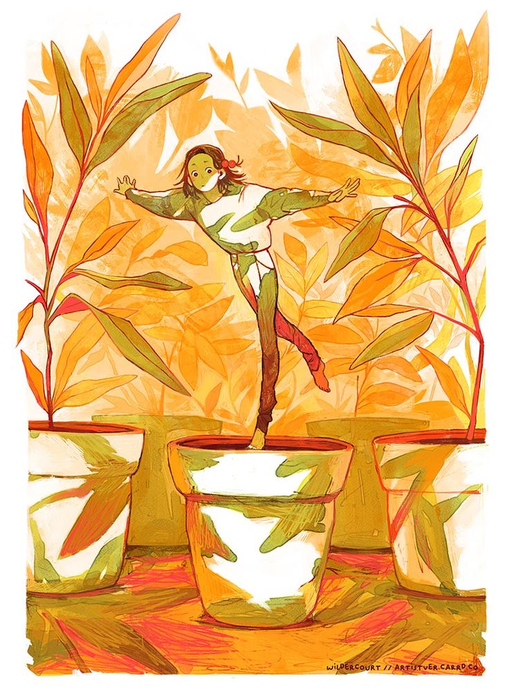 A scribbly painting made in yellows, pinks, reds and greens. At the centre of the image is a girl balancing on one leg, hands spread out to maintain balance. She is standing in a large plant pot, as if pretending to be a plant herself. She seems hesitant, or uncertain. She is surrounded by other potted seedlings.
