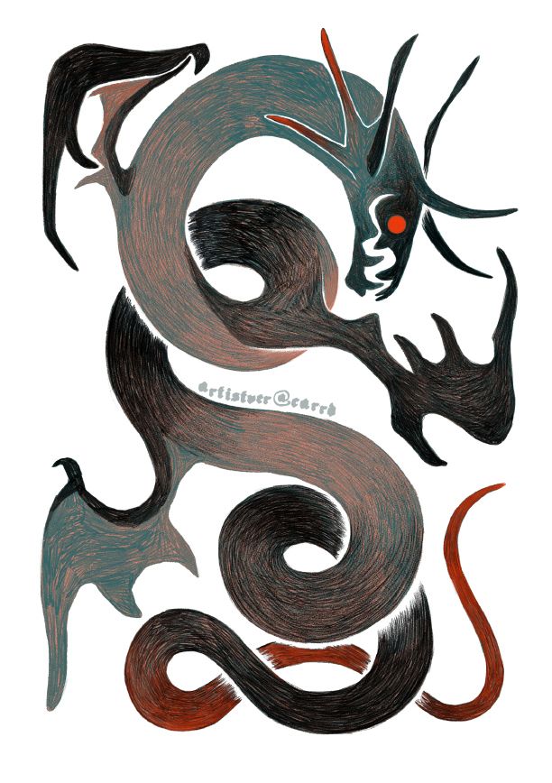 an etching-style image of a winding serpent with horns, gills and wings. 
