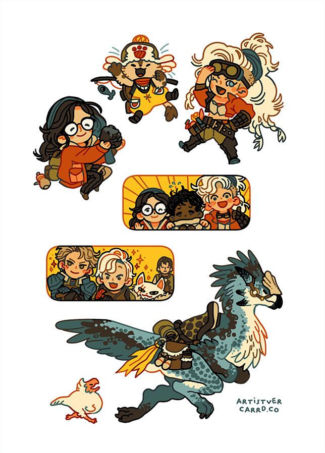 stylised art of creatures and characters from Monster Hunter Wilds

top row: the handler Alma holding one of her favorite statuettes, an excited Palico jumping up into the air, the blacksmith Gemma pushing up her goggles and winking at us.

the middle row features two groups of characters; the Avis Unit consisting of Alma, Nata and Gemma, and the Astrum Unit consisting of Olivia, Erik, Athos and Werner.

the bottom row features a baby Seikret running after an adult Seikret.