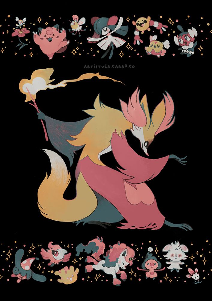 A stylized procession of fairy and psychic-type Pokemon with a Delphox at the center of the image.