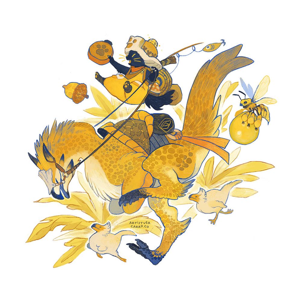 A piece of fanart for Monster Hunter Wilds, depicting a little anthropomorphic cat, a Palico, riding on the back of a raptor-like mount.