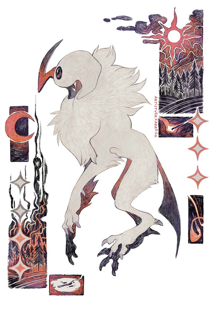 Stylized fanart of the Pokemon Absol. The Absol has slightly exxagerated proportions and is suspended in the middle of the page. Around it are little snippets of shapes and scenes alluding to how a forest fire has happened or has yet to happen.