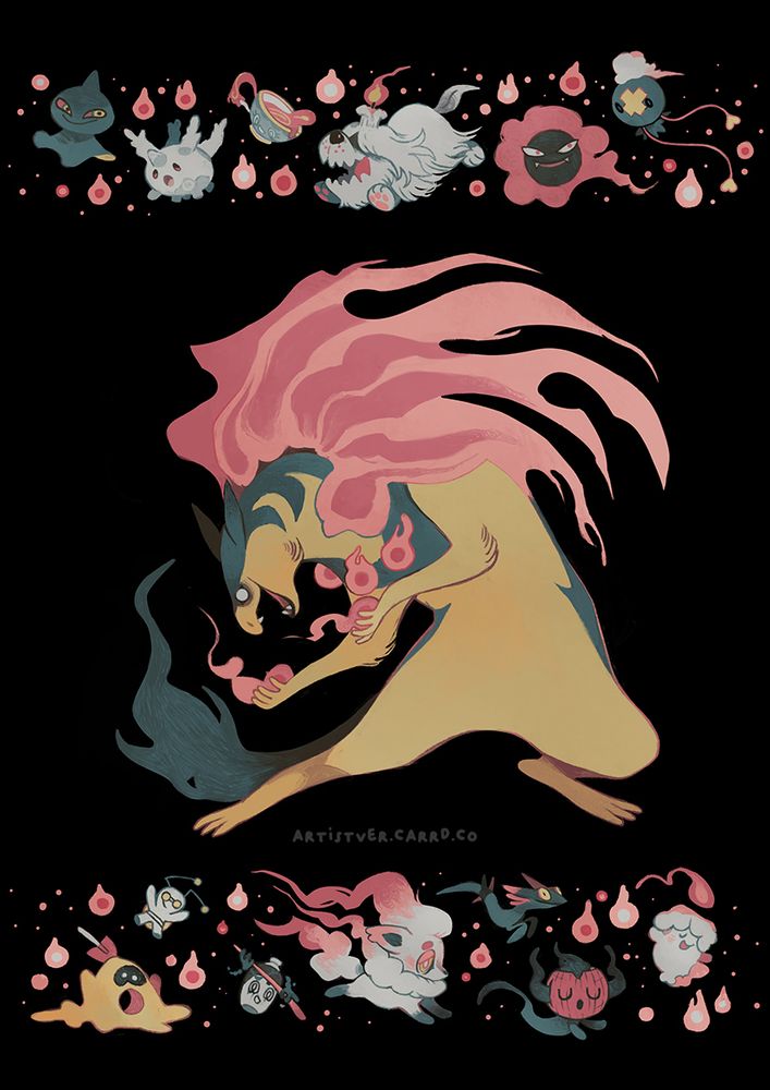 A stylized procession of ghost-type Pokemon with a Hisuian Typhlosion at the center of the image.