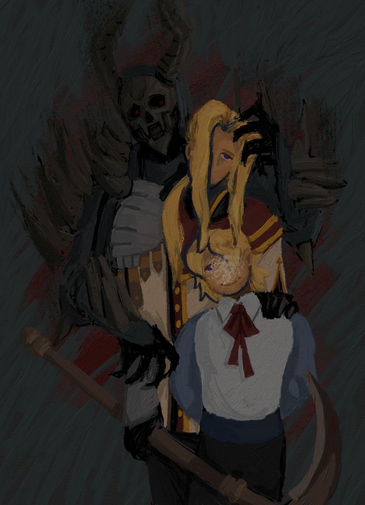 Dreary colored fanart of Jeritza from Fire Emblem Three Houses. Jeritza's hand is on a younger, faceless version of himself and the Death Knight stands behind him like ghost.