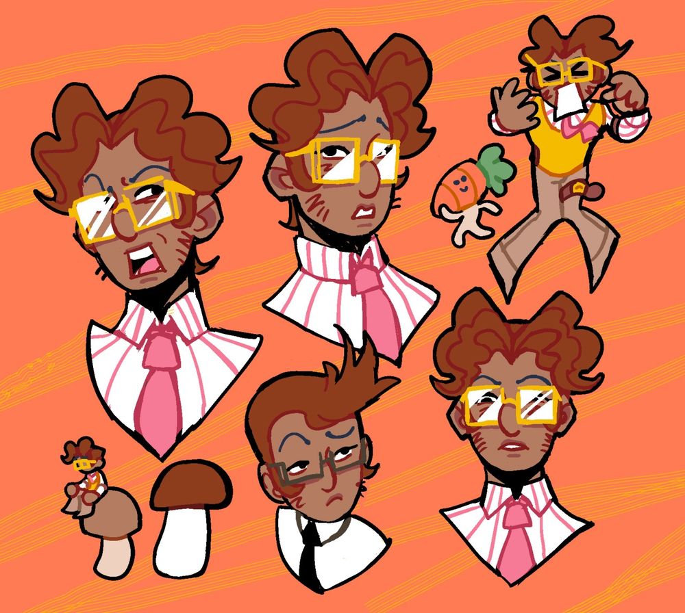Various cartoony bust-up portraits of an original character named Sahil making different expressions against an orange background. Sahil has yellow glasses, a pink tie, brown skin, and reddish hair.