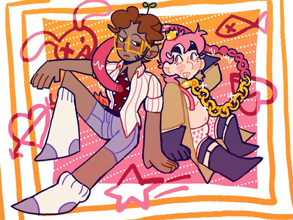 Two characters named Sahil and Irving on a pink and orange background. Sahil has a monster mouth on his stomach, and the long tongue turns into a golden chain that goes around Irving's neck.