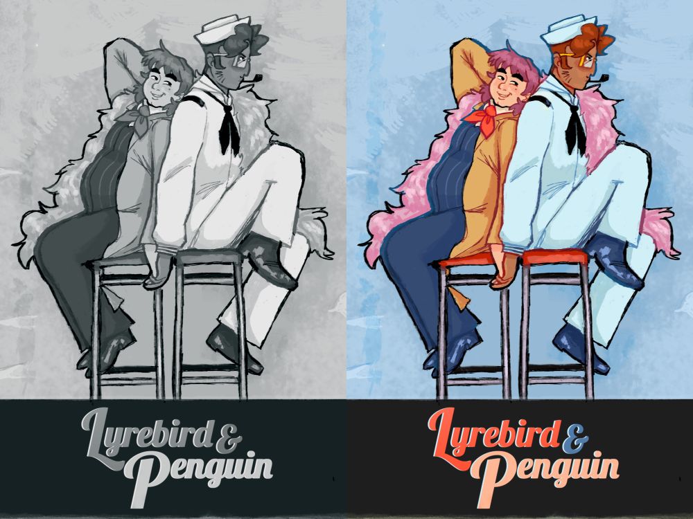 A black and white and full color version of a fake movie poster side by side. The two characters in the poster sit back to back while holding hands on red barstools. The man on the right wears a white sailor costume and has a pipe in has mouth. The man on the left wears a navy suit and a tan trench coat. A pink feather boa is draped over both their shoulders.