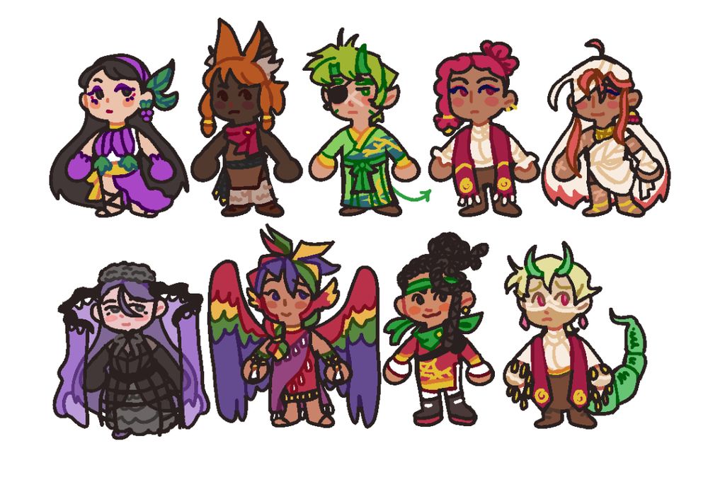 A set of 9 original fantasy characters in a chibi art style. The designs prominently use the colors red, green, gold, and purple.