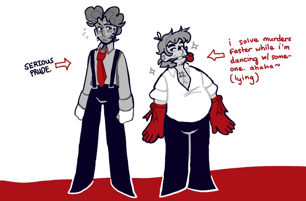 Tango outfit concept art for two original characters named Sahil and Irving. The color scheme is black and white with red highlights. Irving wears a loose, open white shirt and red, elbow-high gloves. Sahil is more prudish, sporting long sleeves, black suspenders, and a red tie. 