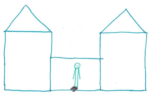 Zwei Häuser, dazwischen ein Dach. Im Durchgang steht ein Nixklusionsmännchen mit Hausschuhen. (Collage).