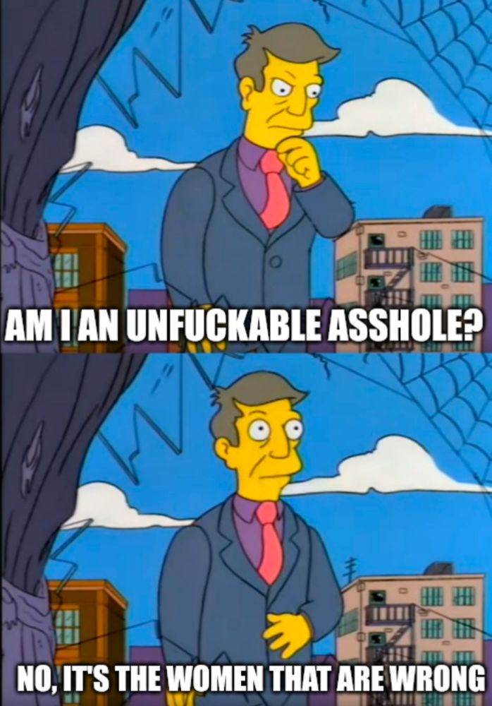 Skinner from the Simpsons asking "am I an unfuckable asshole?" and then saying "no, it's the women that are wrong"