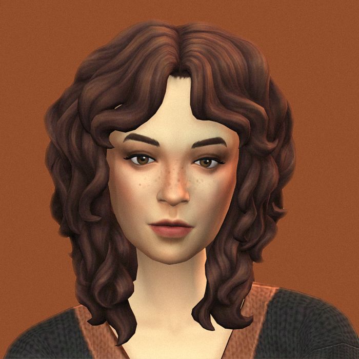 Close up portrait of a Sims 4 female character, she has brown shoulder length wavy hair and a wool cardigan.